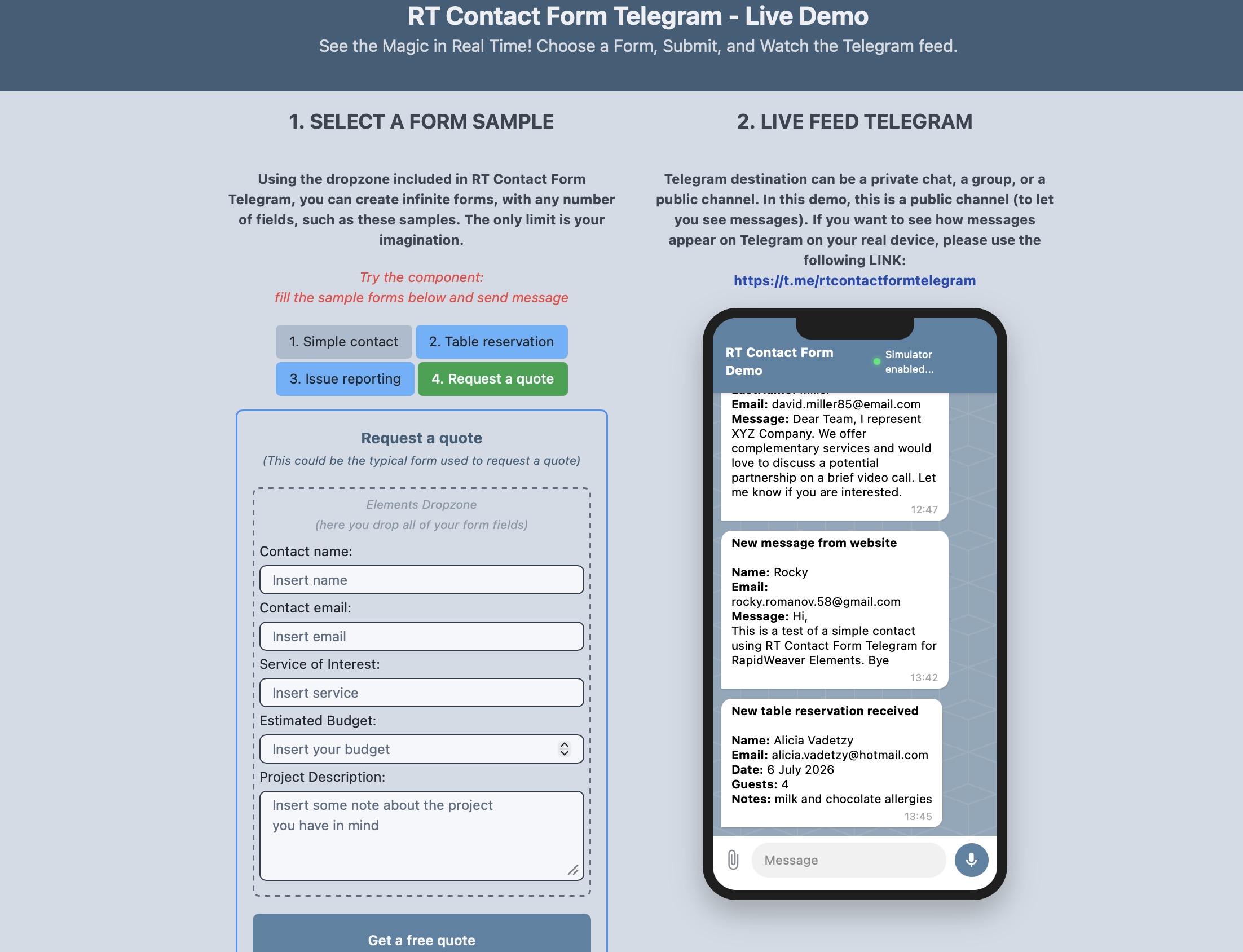RT Contact Form Telegram Live Demo