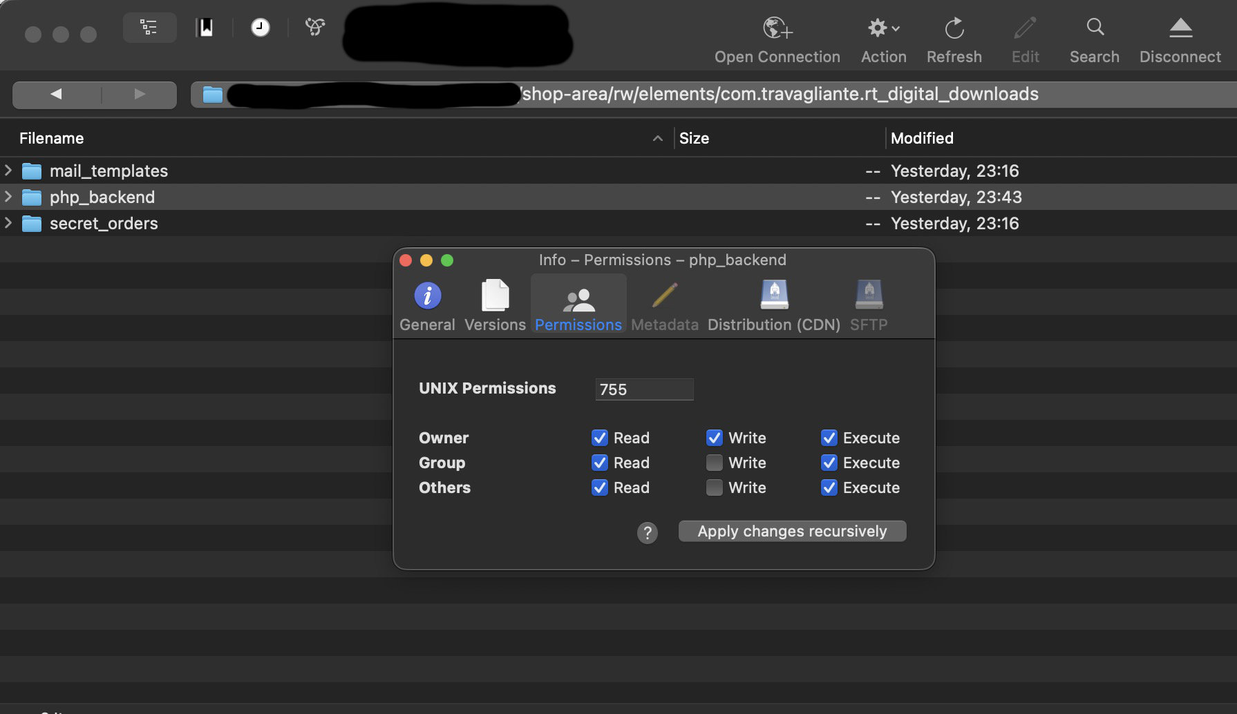 Cyberduck to change permissions on FTP hosting space