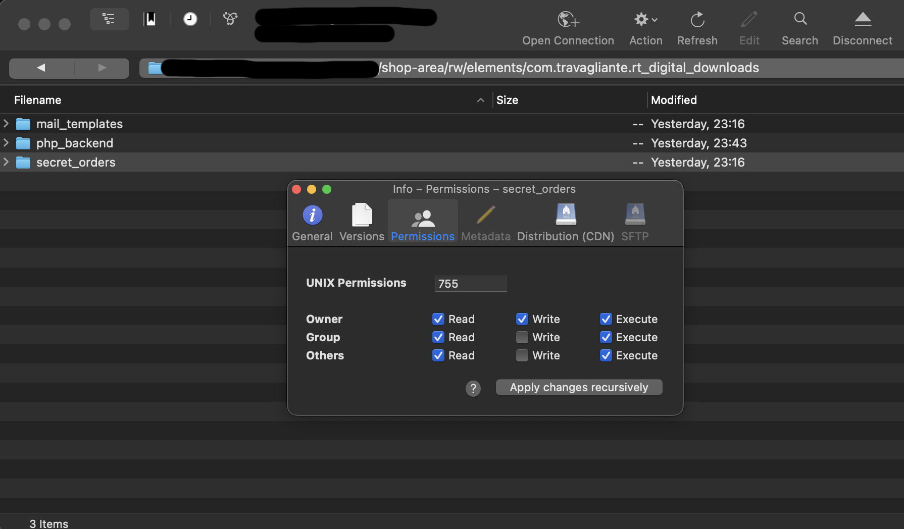 Cyberduck to change permissions on FTP hosting space