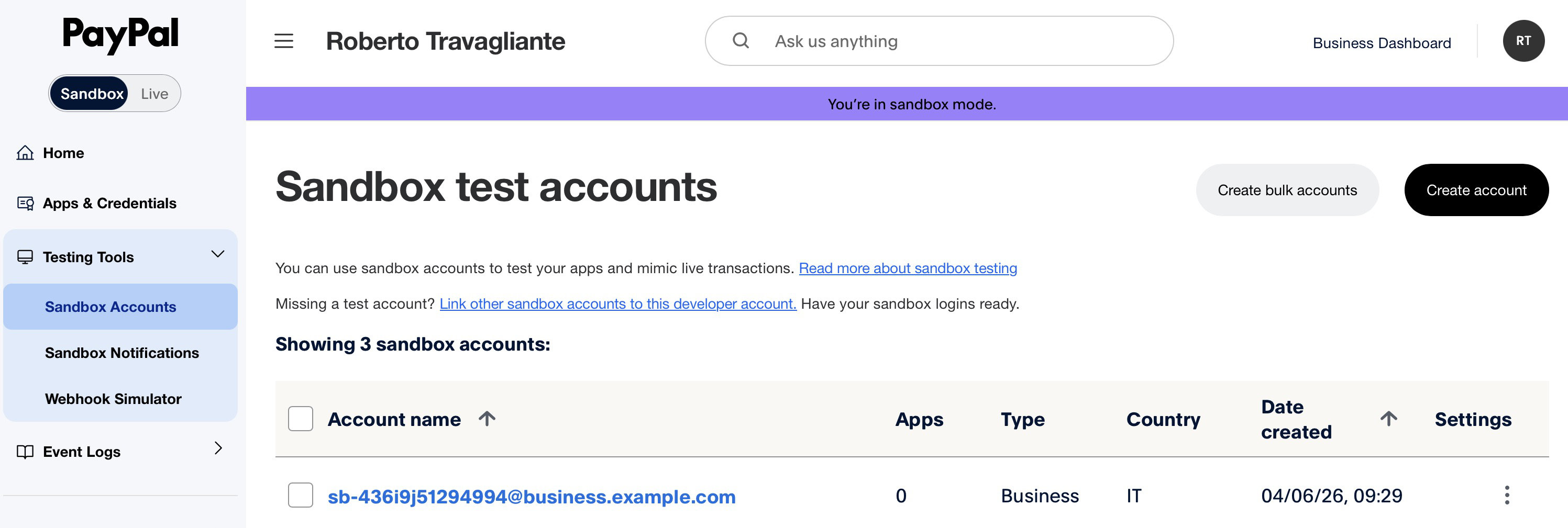 Testing Tools - Create sandbox personal account for PayPal