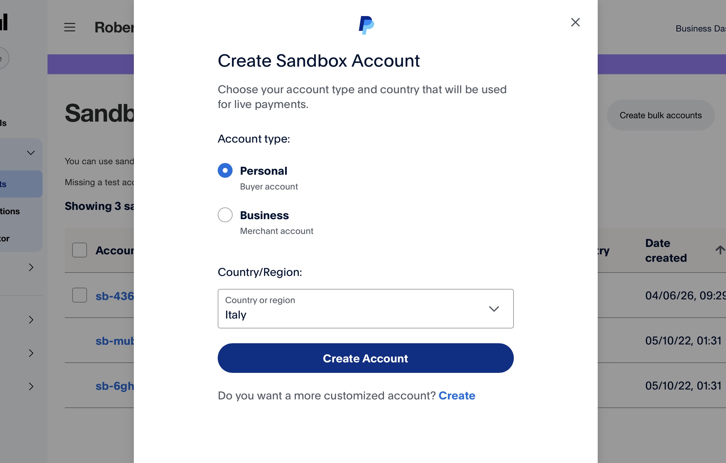 Details of Personal PayPal account