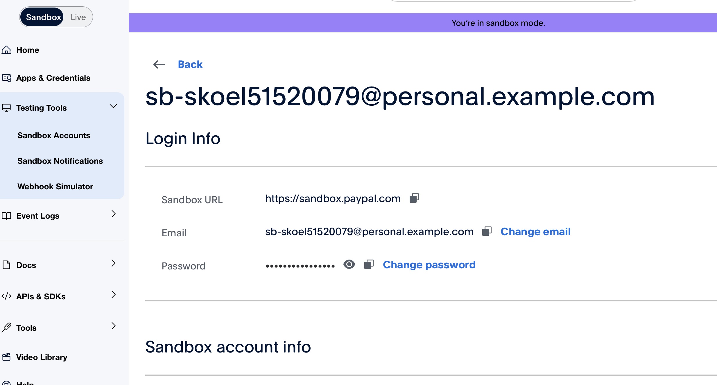 Check Password of the Paypal test account