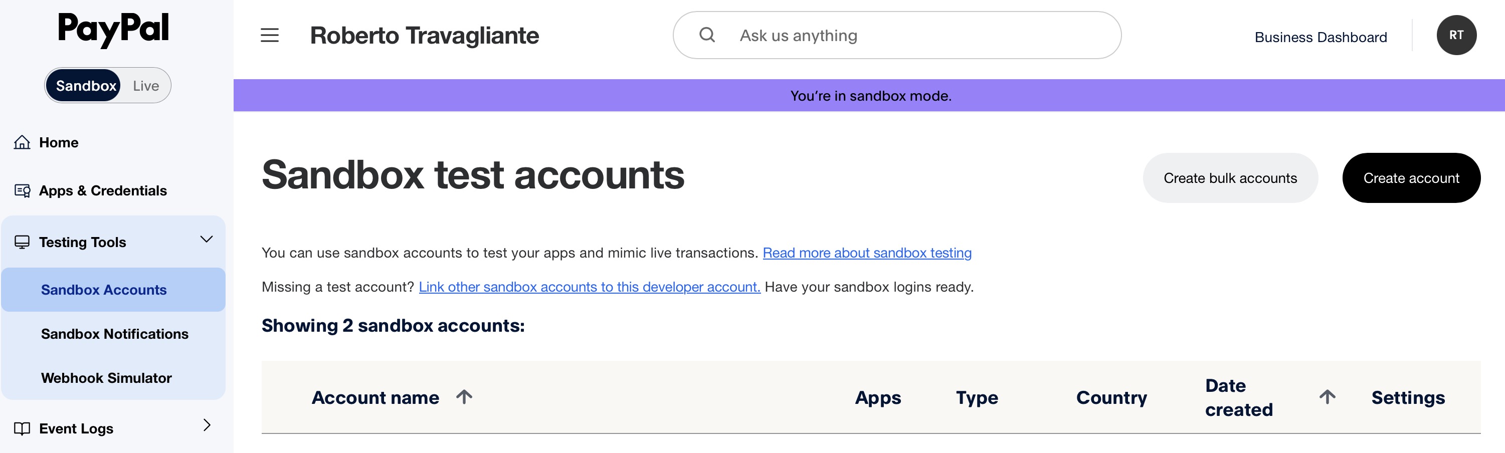 Testing Tools - Create sandbox account for PayPal