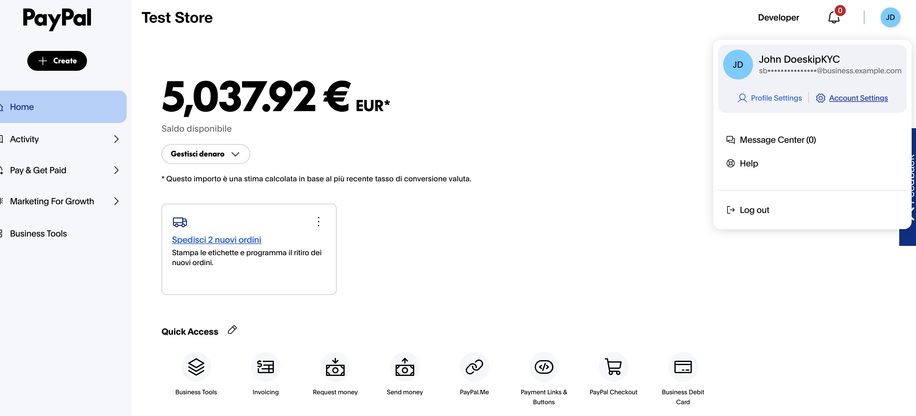 Account settings on PayPal