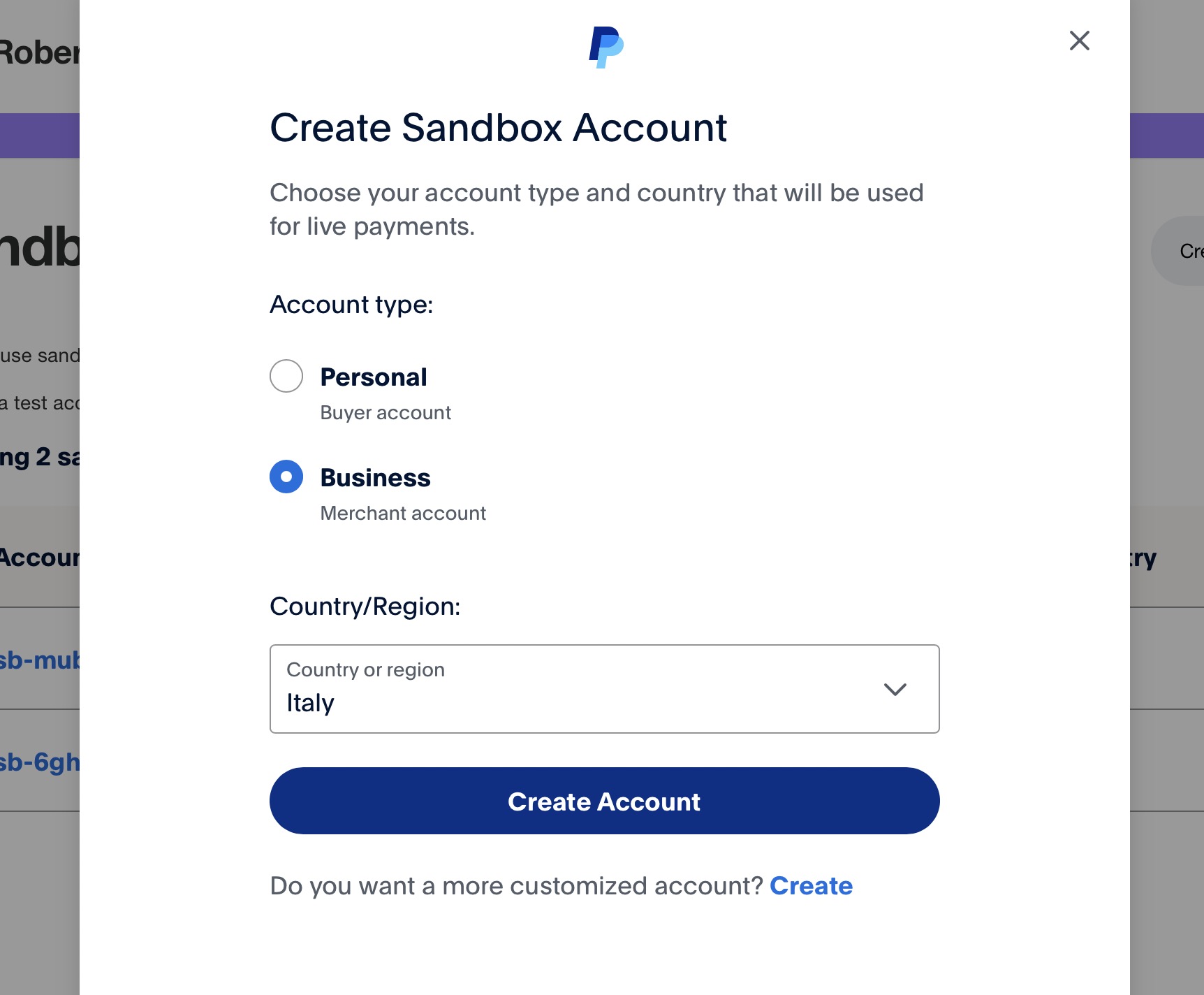 Details of Business PayPal account