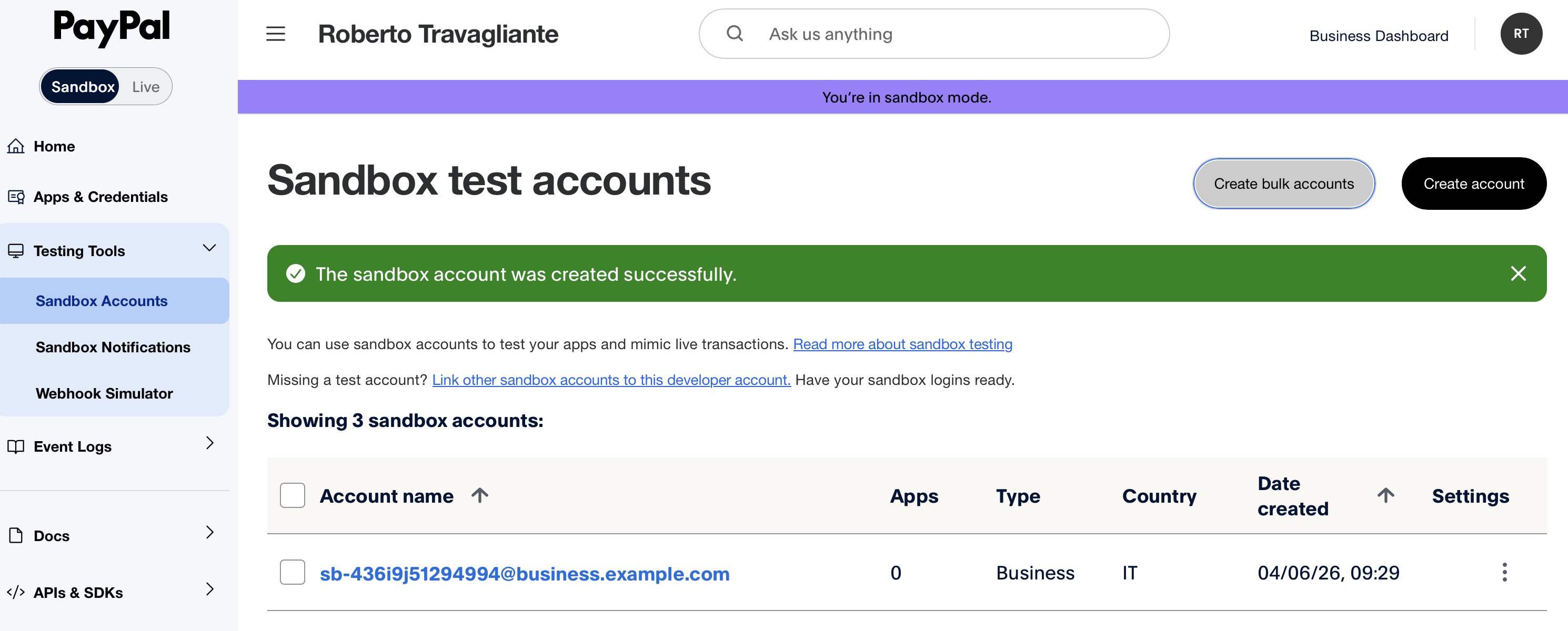 Take note of your Business account for PayPal