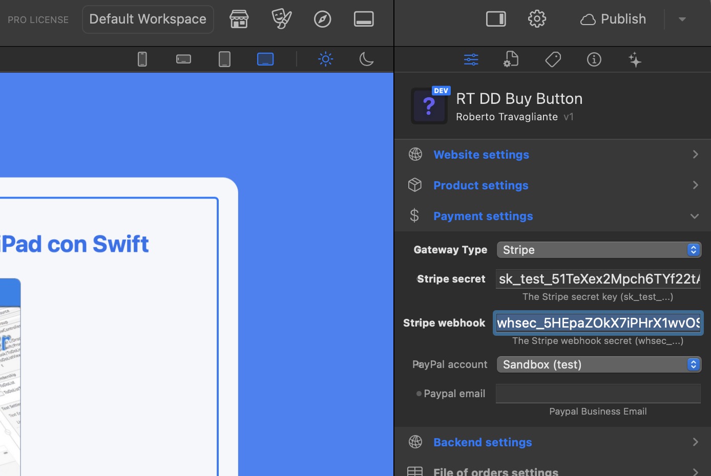 Insert the Stripe Webhook secret in RapidWeaver Elements