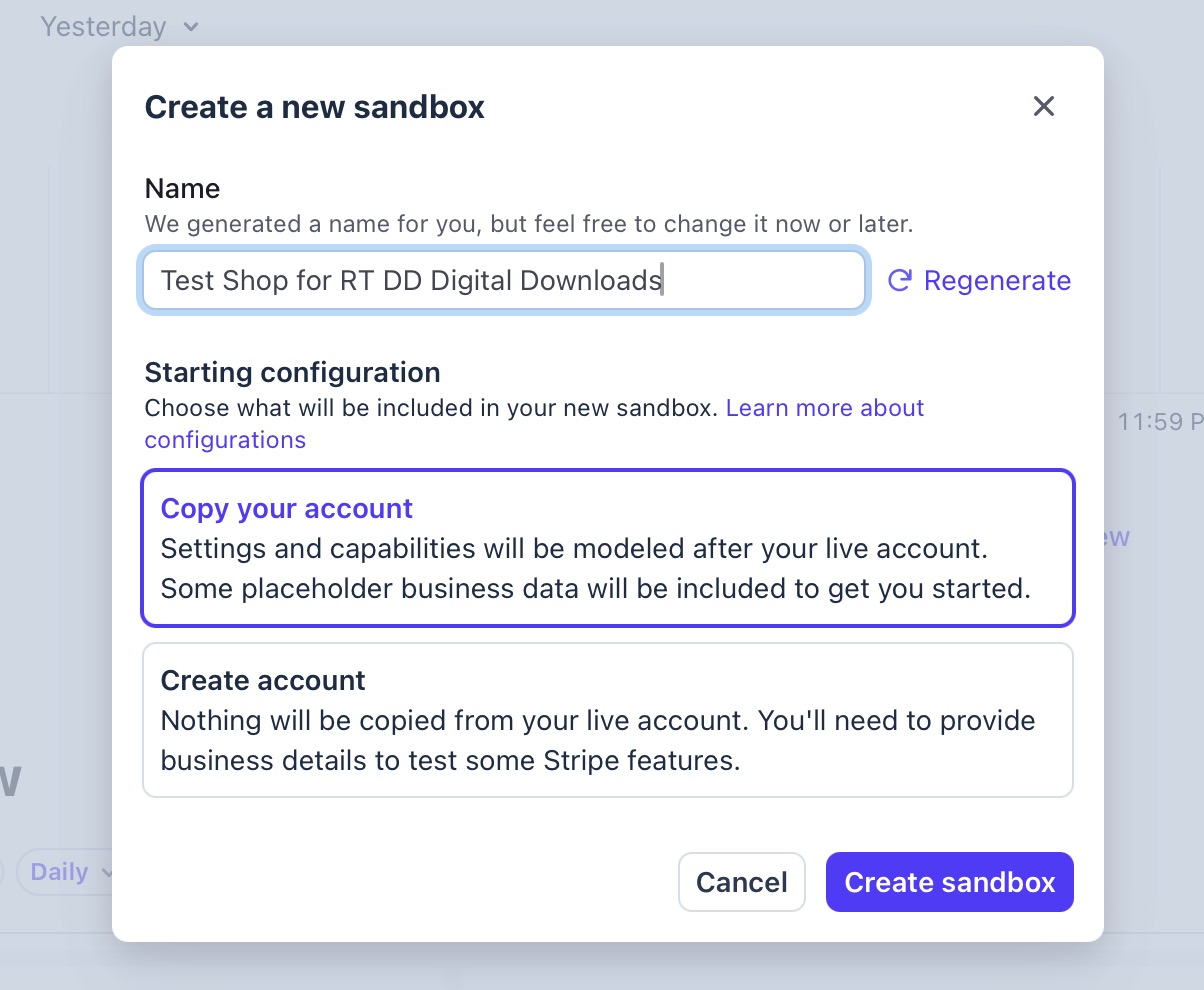 Create sandbox on Stripe