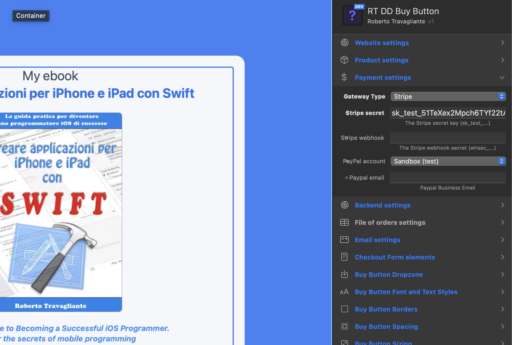 Paste the Stripe Secret API Key to the Buy Button