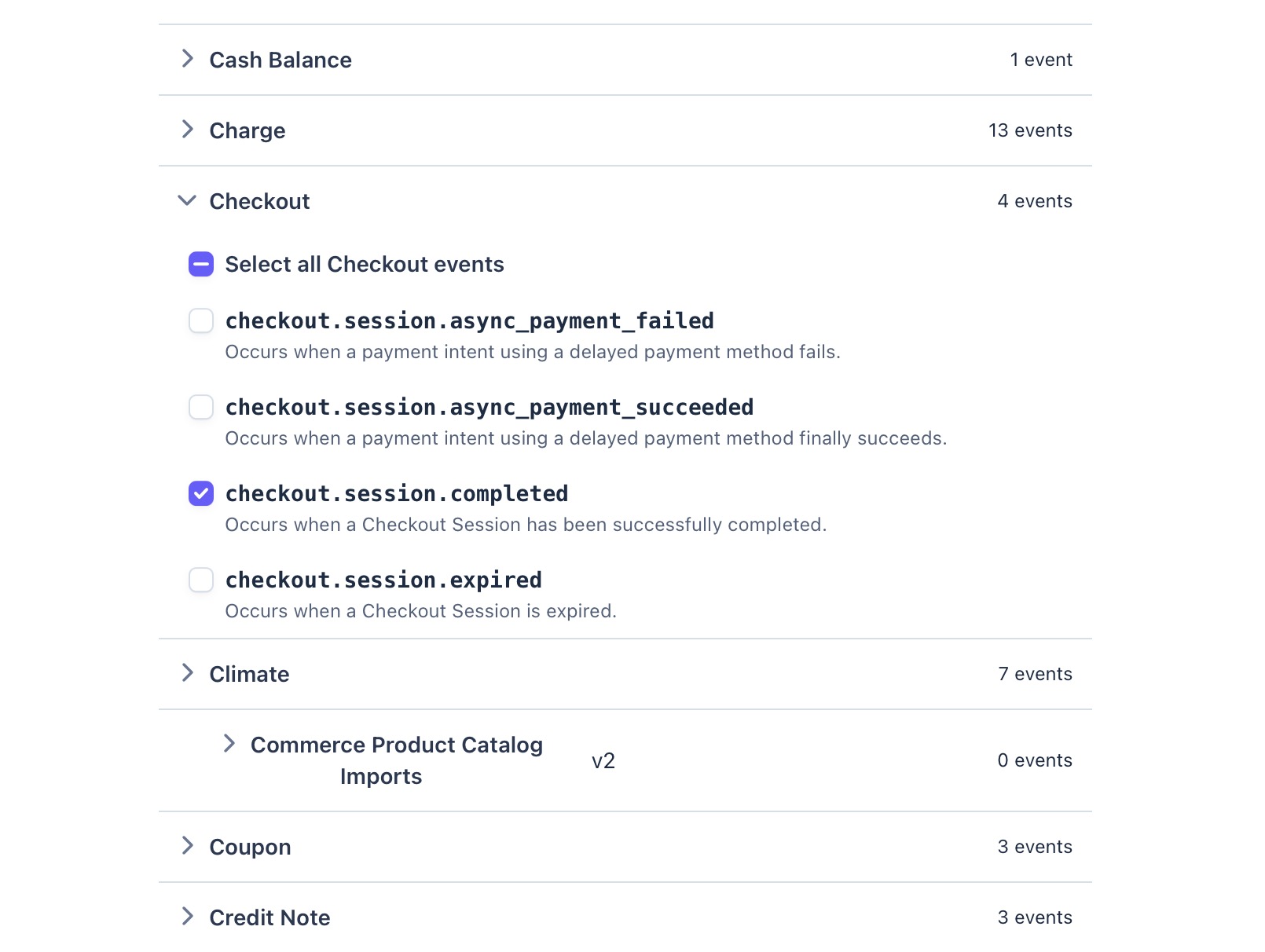 Setup a destination and the events for Stripe webhook