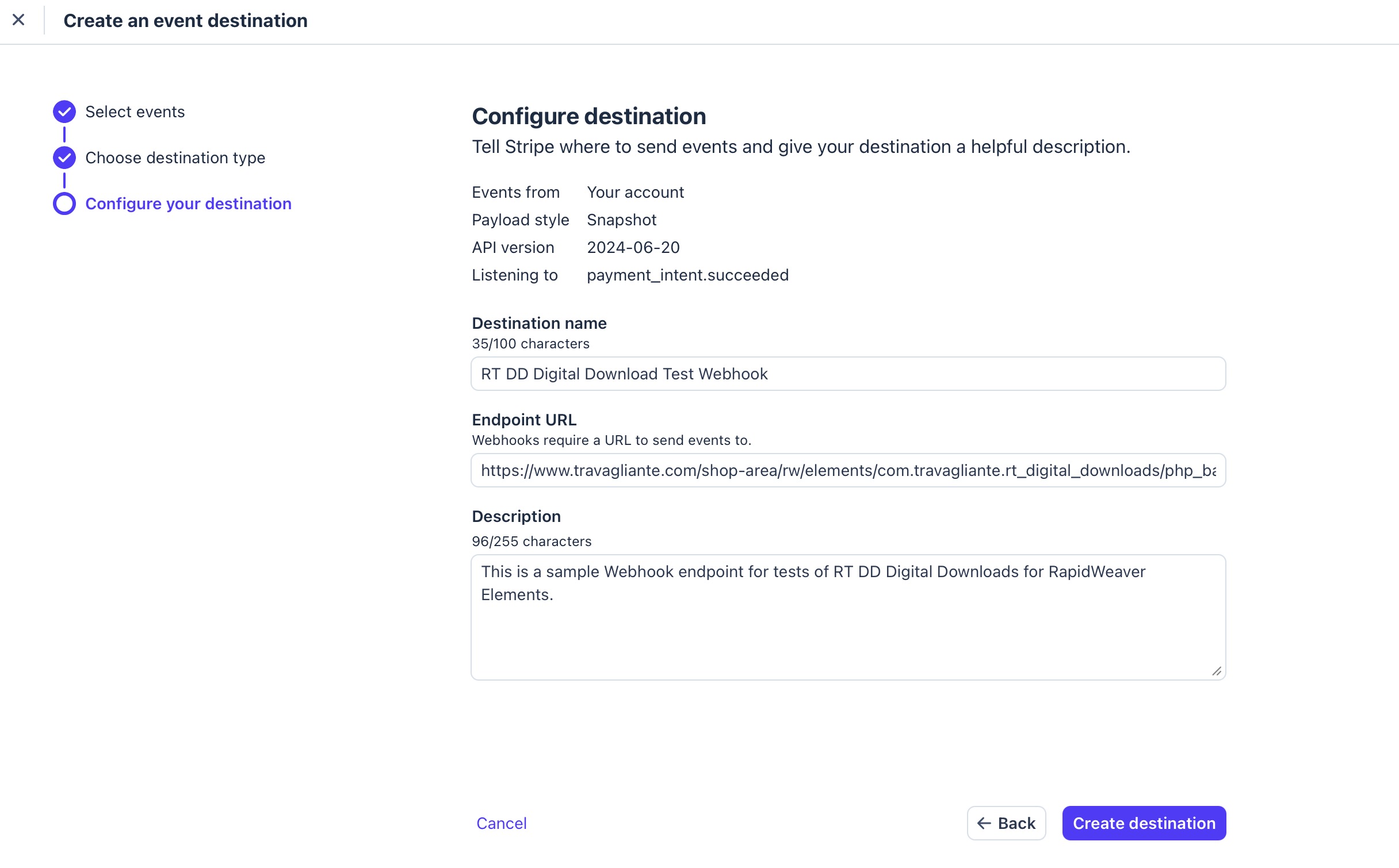 Configure the Stripe webhook destination URL
