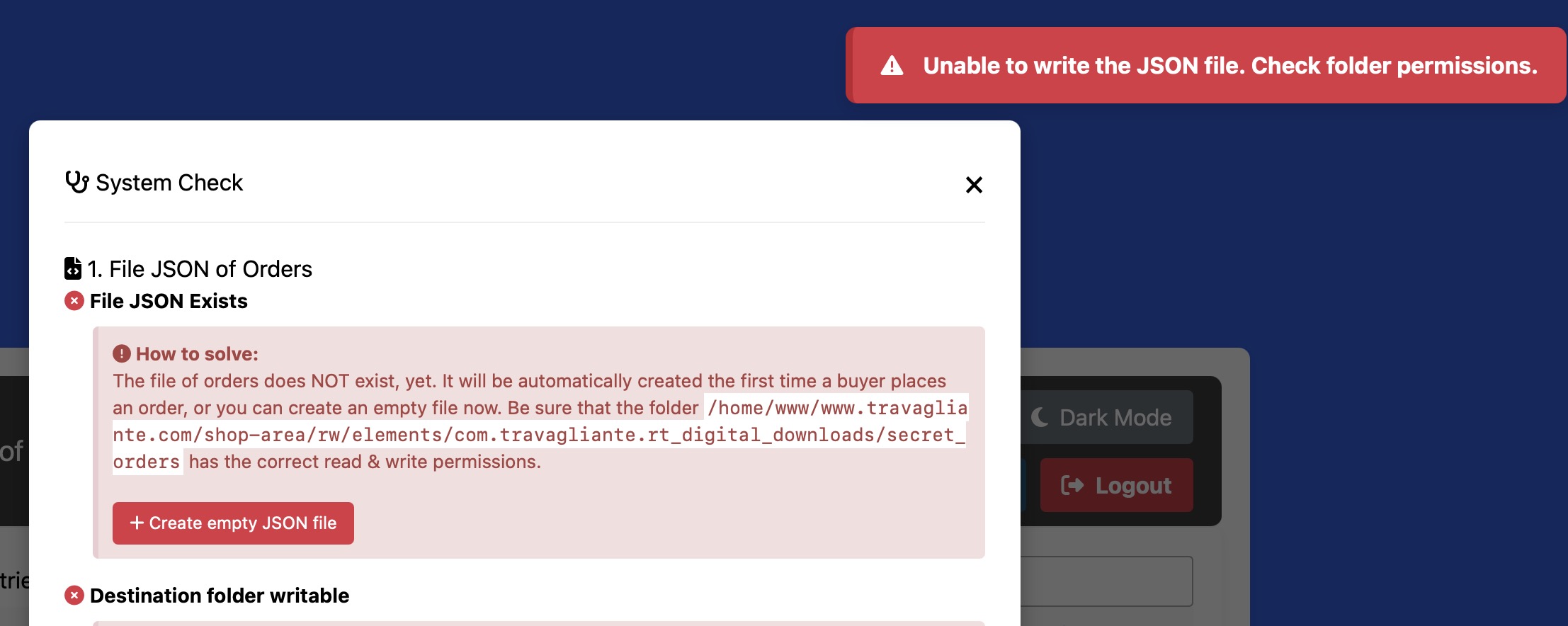 Error during creation of JSON file of Orders
