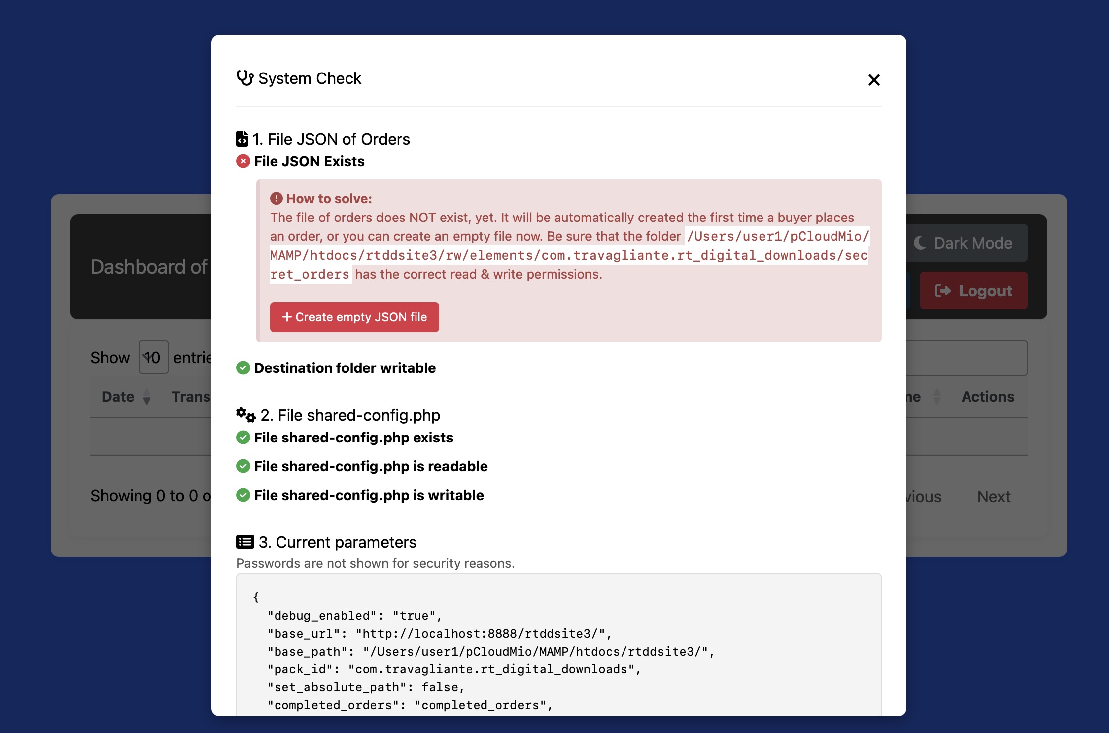 System Check on the Dashboard of Orders